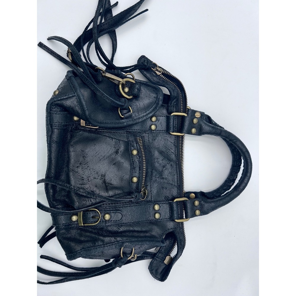 Borrese In Pelle Black Italian Leather Moto Fringe Handbag Braided Handle Edgy